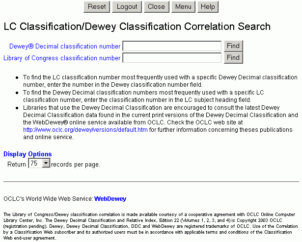 Search Screen for LC Classification/Dewey Classification Correlations