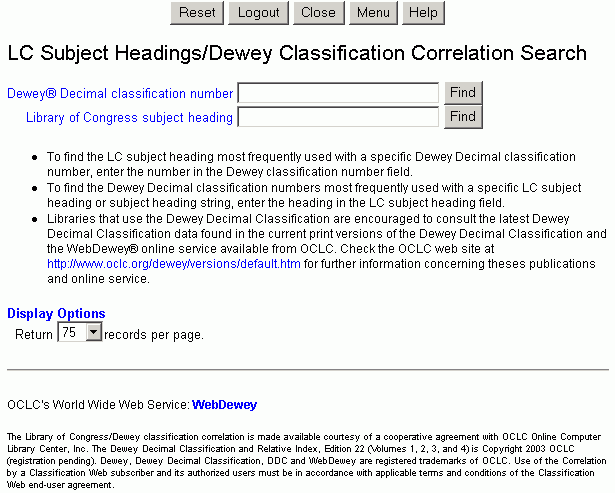 Search Screen for LC Subject Headings/Dewey Classification Correlations