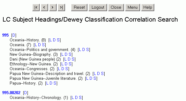 Results Screen for Search of Dewey Classification Number 995