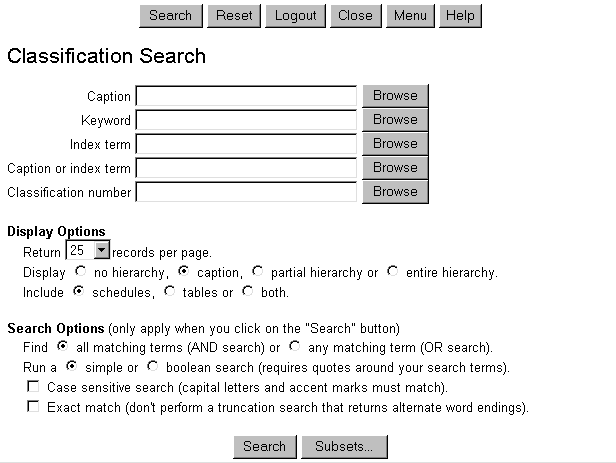 Classification Search Screen